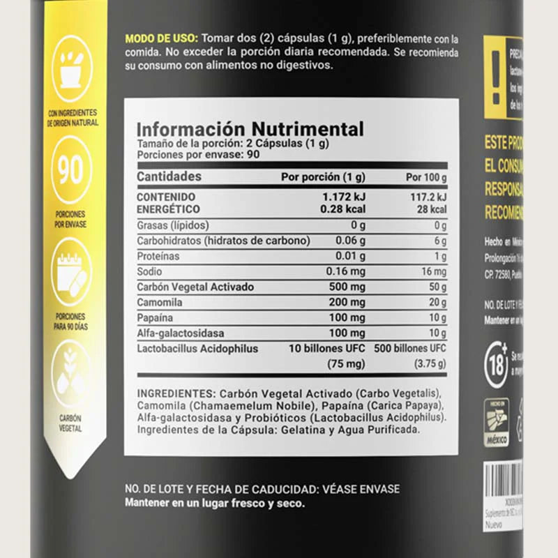 Gas relief | Fórmula a base de Carbón Vegetal, Camomila, Papaína 180 caps