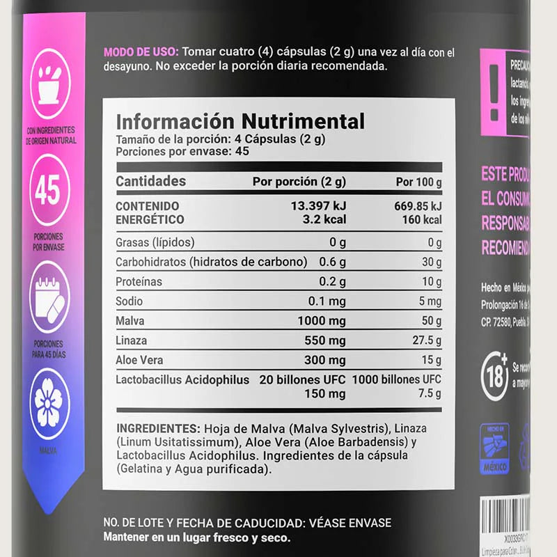 Fórmula a base de Malva, Linaza, Aloe Vera y Probióticos 90 capsulas.