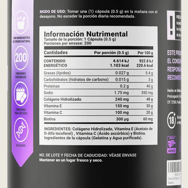Collagen Bio | Colágeno Hidrolizado + Biotina 200 capsulas
