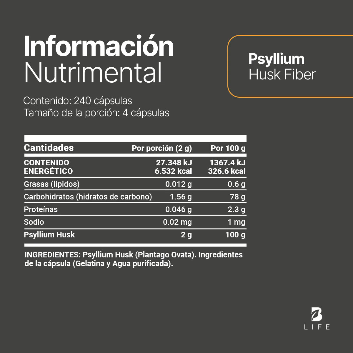 Psyllium Husk Fiber | Fibra de Cáscara de Psyllium 240 capsulas
