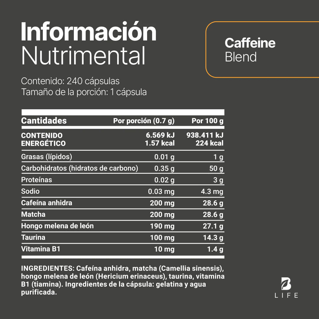 Mezcla a base de Cafeína, Matcha, Hongo Melena de León, Taurina y Vitamina B1 240 caps.