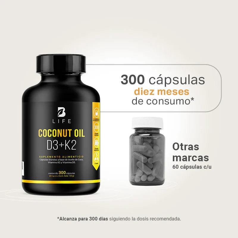 Aceite de Coco, Vitamina D3 y K2 300 capsulas