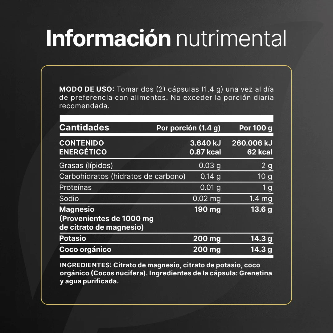 Mag+Pot Citrate | Citrato Magnesio, Citrato de Potasio y Coco Orgánico 240 Cápsulas