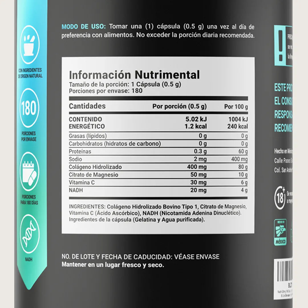 NADH Blend | NADH, Colágeno Hidrolizado y Vitamina C 180 CAPSULAS